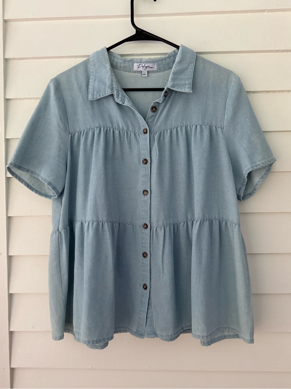 Polygram | Light Wash Chambray Tiered Button Front Blouse Size Large